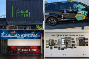 Business Brand Consistency Across Signs, Vehicle Graphics and Displays | 3i Graphics & Signs Quad-panel collage: Endicott Florist sign, a promotional sports van, Lourdes Orthopedics banner with gear stand, and SUNY Broome Haiti photo wall.